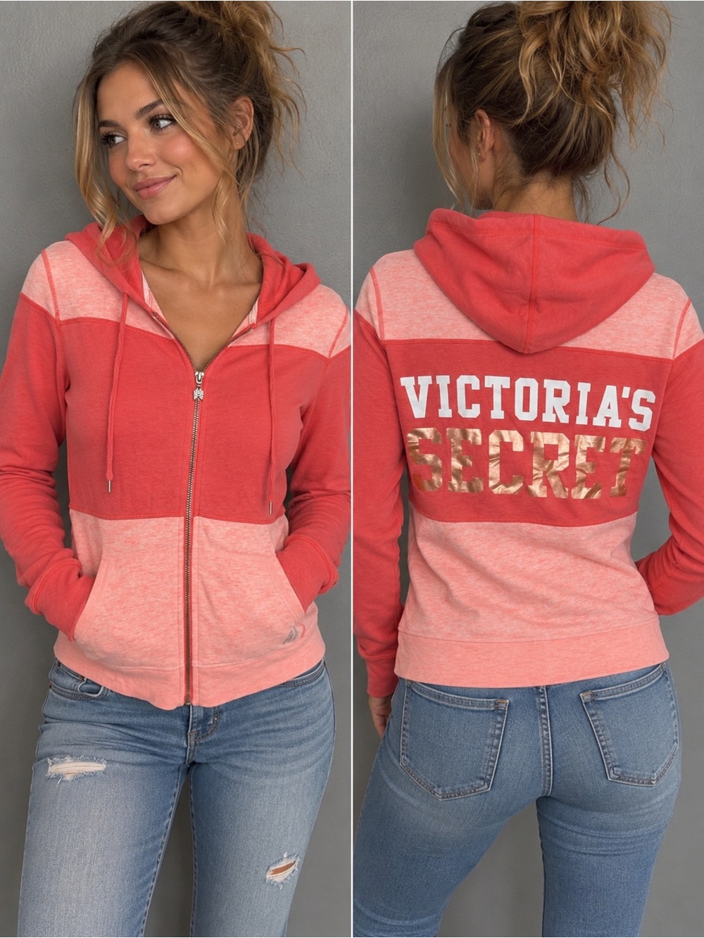 Victoria's Secret Coral Two-Tone Striped Zip Hoodie with Gold Logo